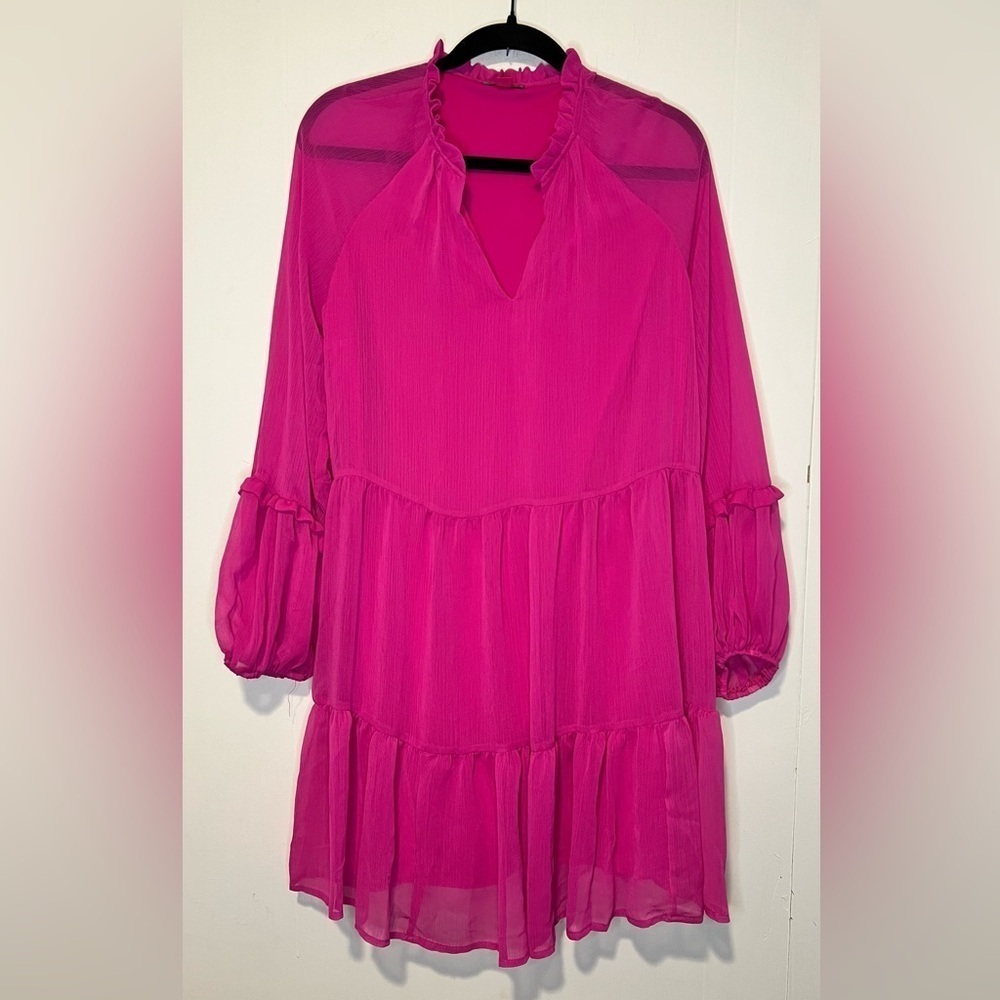 Vince Camuto Long Sleeve 3 Tiered Hot Pink Mini Dress L17 51325